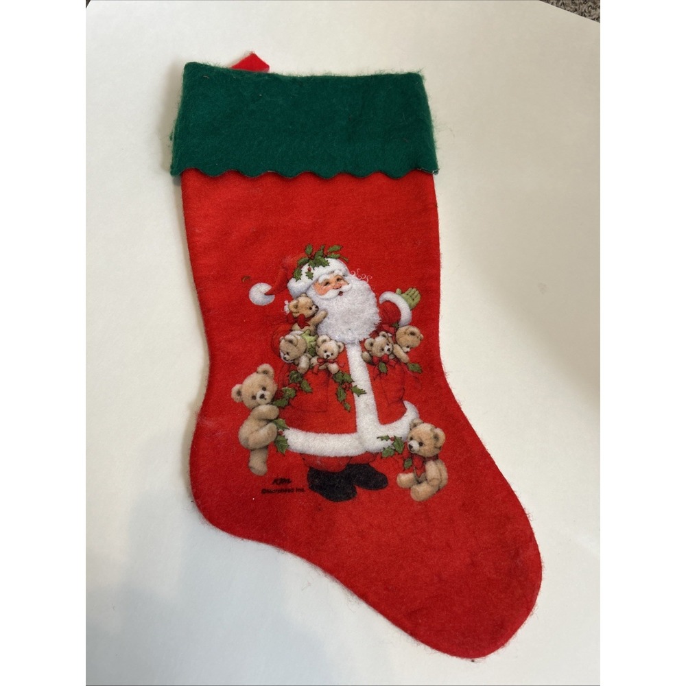 Vintage Ruth Morehead Santa & Teddy Bears Red/Green Felt Christmas Stocking
